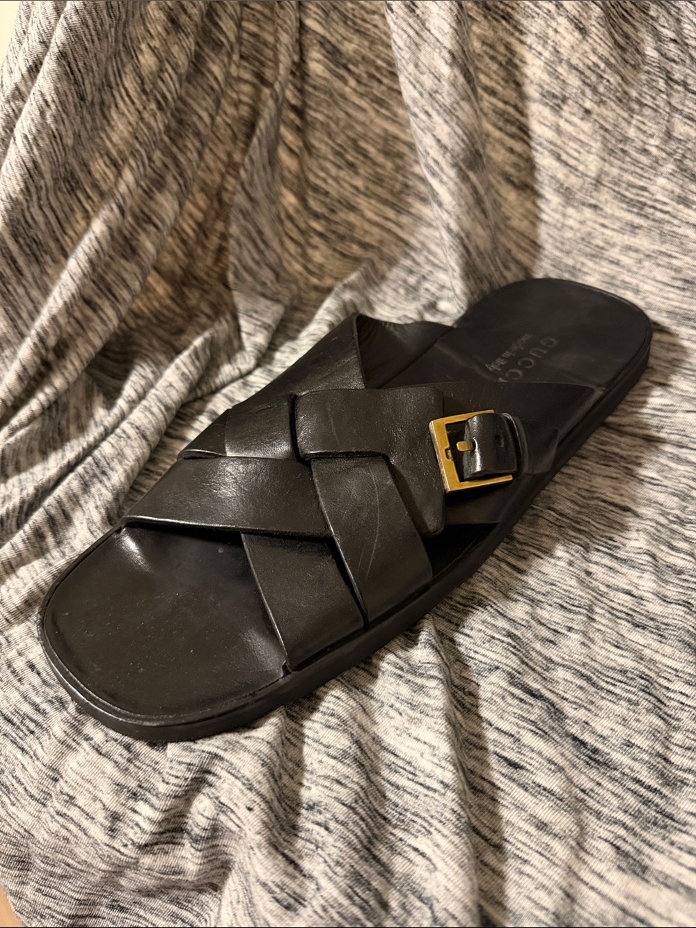 Gucci Black Leather Woven Slide Sandals with Gold Buckles - Picture 9 of 9